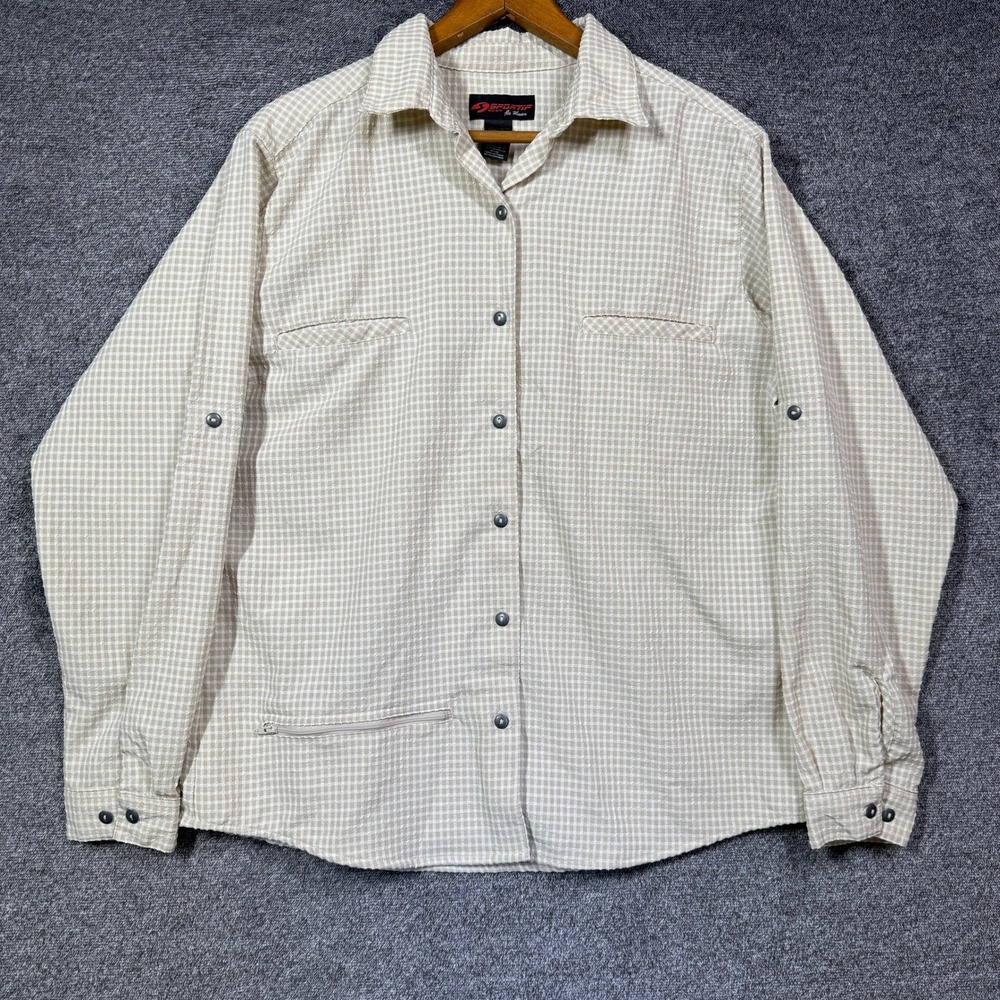 Sportif USA Shirt Womens L Tan Gingham Roll Tab Long Sleeve Hiking Button Down